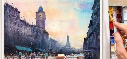 Capturing the Magic of a Sunset Cityscape A Step-by-Step Watercolor Painting with Luminous Colors