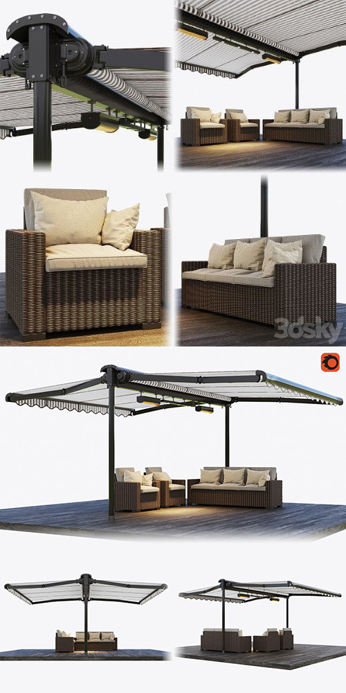 Double-sided cassette tent with rattan garden furniture - 3d model