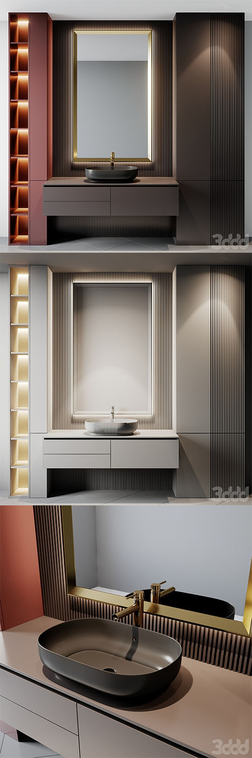 Bath Set 17 with wooden panel - 3d model