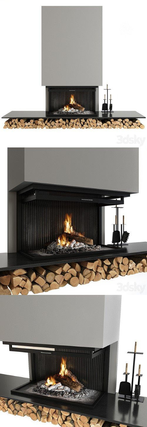 Fireplace and accessories modern style - 3d model