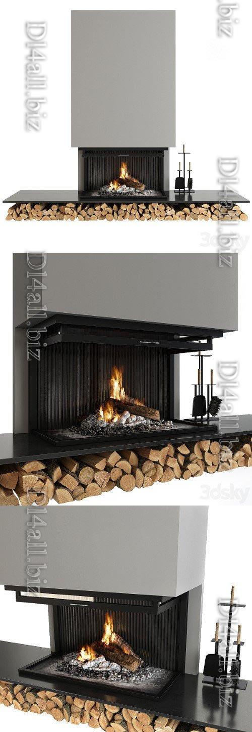 Fireplace and accessories modern style - 3d model