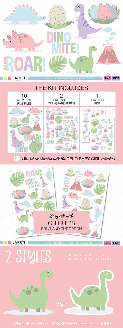 Girl dinosaur clipart printable bundle design elements