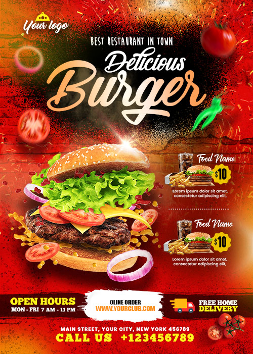 Delicious Burger and Food Menu Flyer PSD Template