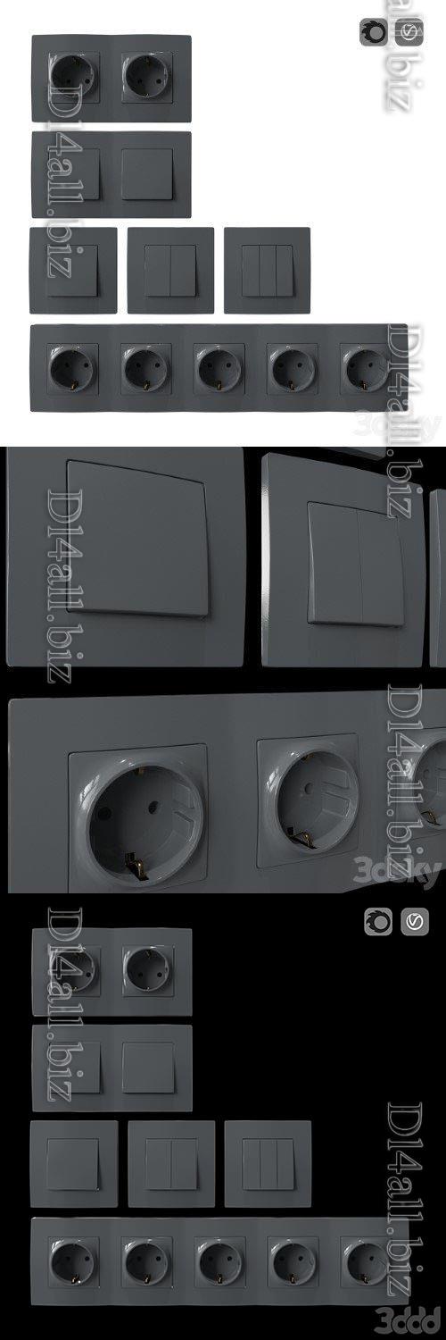 Set of sockets and switches gray - 3d model