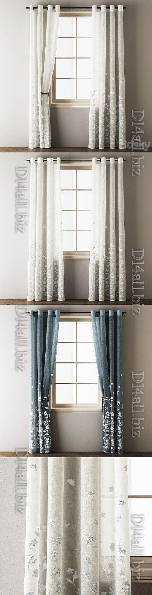 Floral Embroidered Linen Eyelet Curtains- 3d model