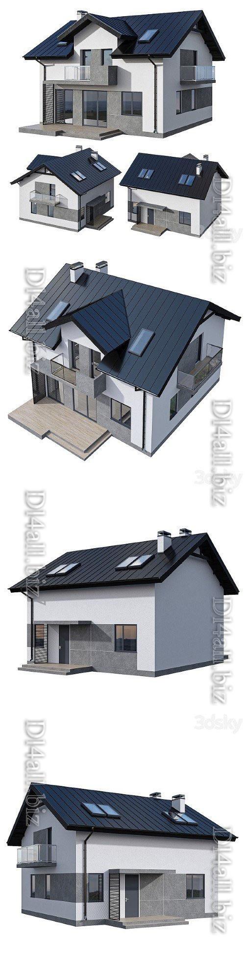 Modern Two Storey Cottage With Two Balconies - 3d model