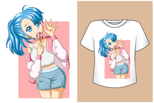 Vector mockup t-shirt cute anime girl blue hair with jacket