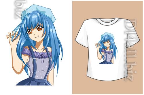 Vector mockup t-shirt cute anime girl blue hair