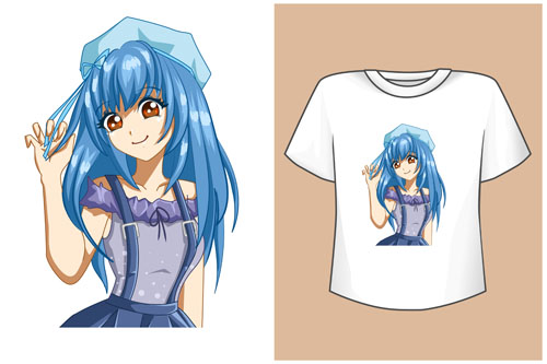 Vector mockup t-shirt cute anime girl blue hair