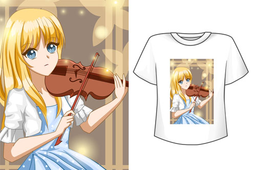 Vector mockup t-shirt cute anime girl with violin