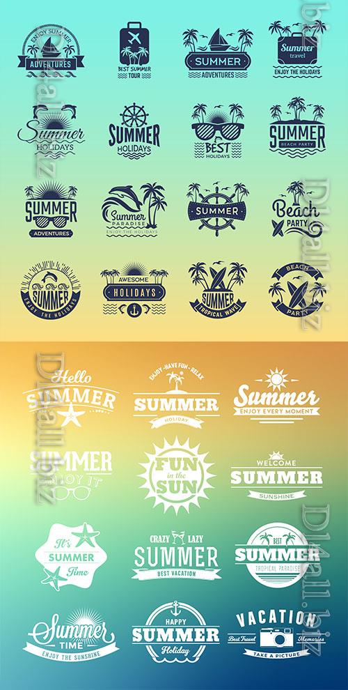 Vector summer travel logos, tropical vacation badges, symbols palm tree drinks beach