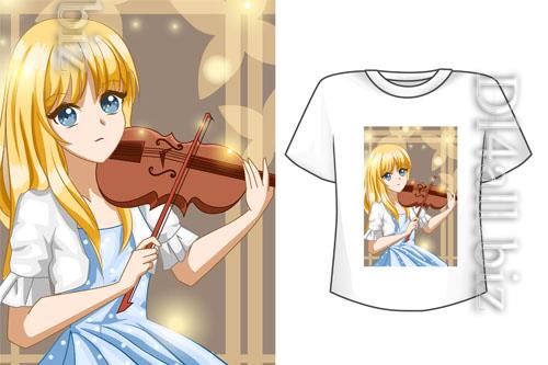 Vector mockup t-shirt cute anime girl with violin