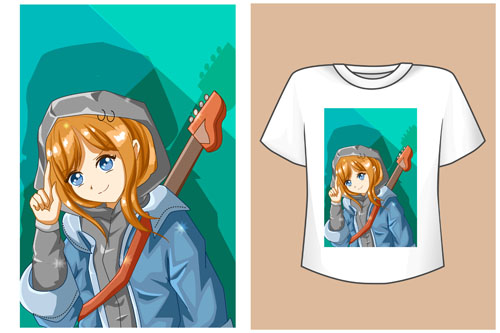 Vector mockup t-shirt guitarist anime girl