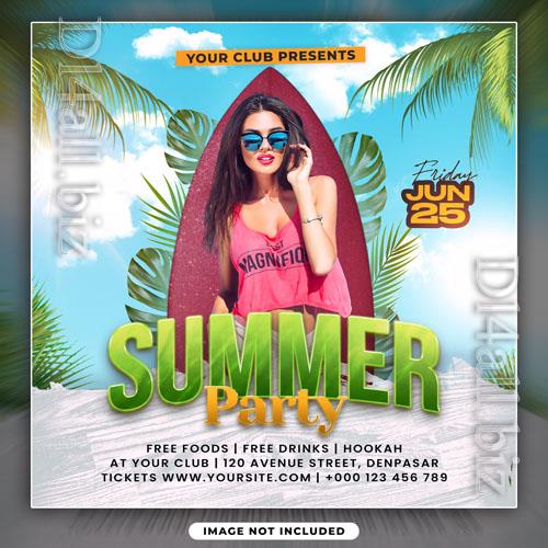 Summer psd beach party with girl flyer template