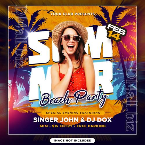 Psd summer beach party with girl flyer template