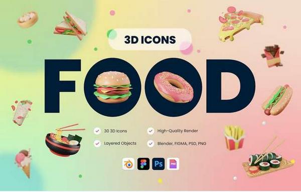 3D Food Icons (FIG, PNG, PSD, BLEND)
