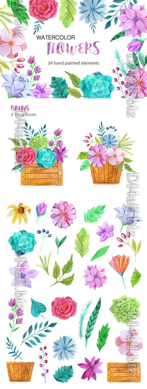 Watercolor flower pack design elements