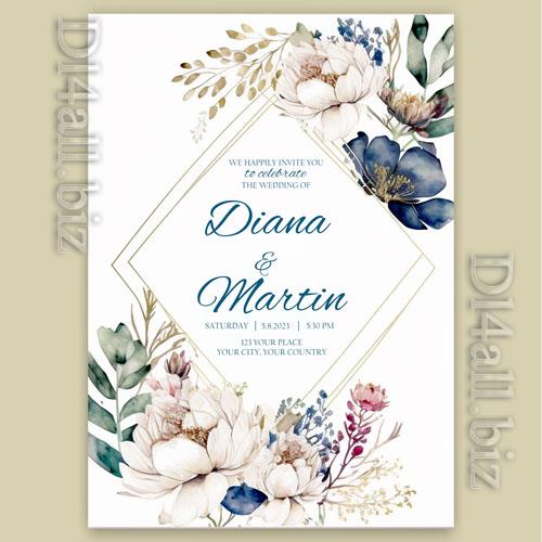 Beautiful wedding psd invitation for a wedding with watercolor flowers