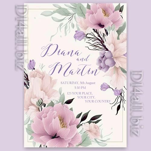 Psd beautiful wedding invitation for a wedding with watercolor flowers royal themed