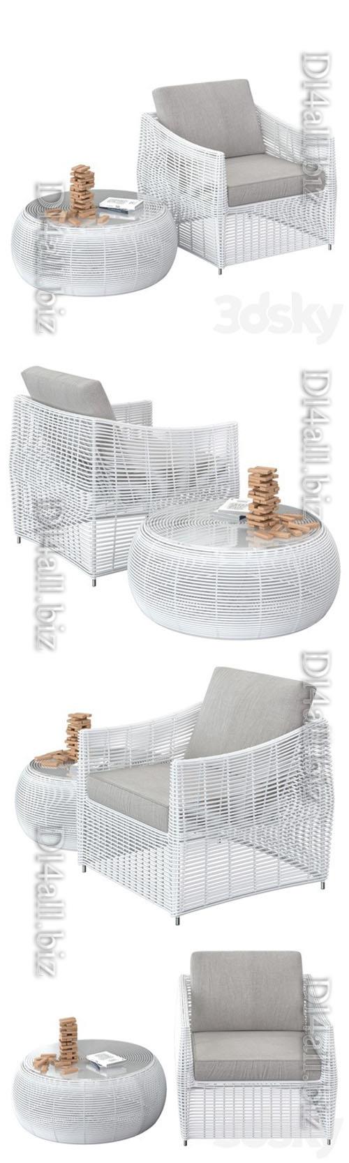 Table and rattan chair - 3d model