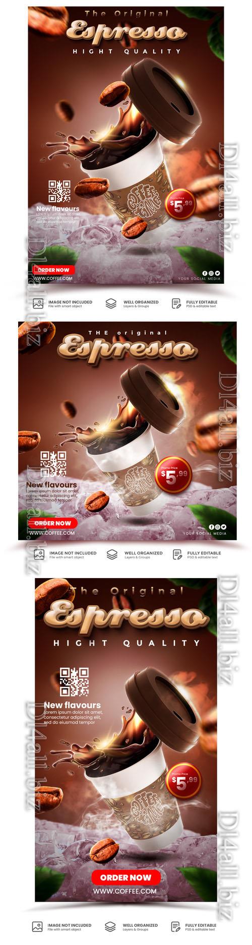 PSD espresso coffee break time social media flyer template