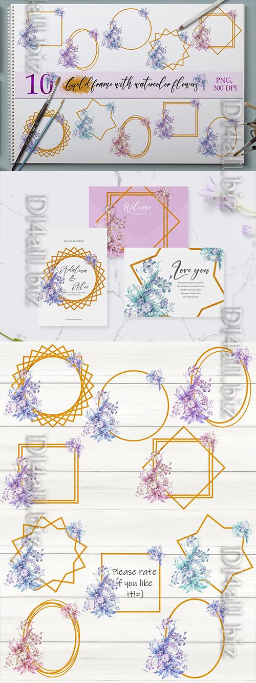 Set of gold Frames with watercolor flowers