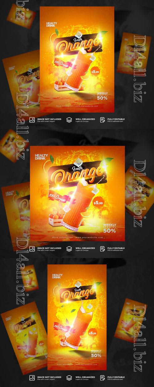 PSD fresh orange drink menu promotion poster flyer template